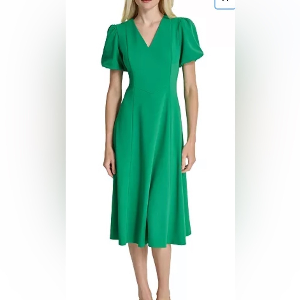 DKNY Women's Bubble-Sleeve Scuba-Crepe Midi Green Dress Size 10. C14